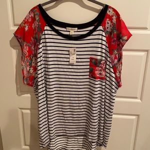 NWT Loralette striped tee with floral sleeves